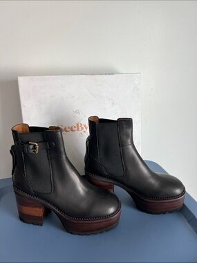 See by Chloe calf bryn platform ankle boots booties black leather w/ brown 39.5